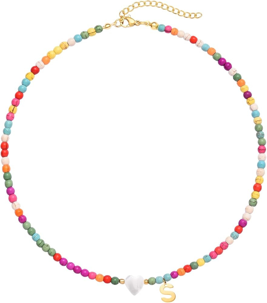 Wellike Initial Necklaces for Women Colorful Beaded Choker Necklace Stainless Steel 18K Gold Plat... | Amazon (US)