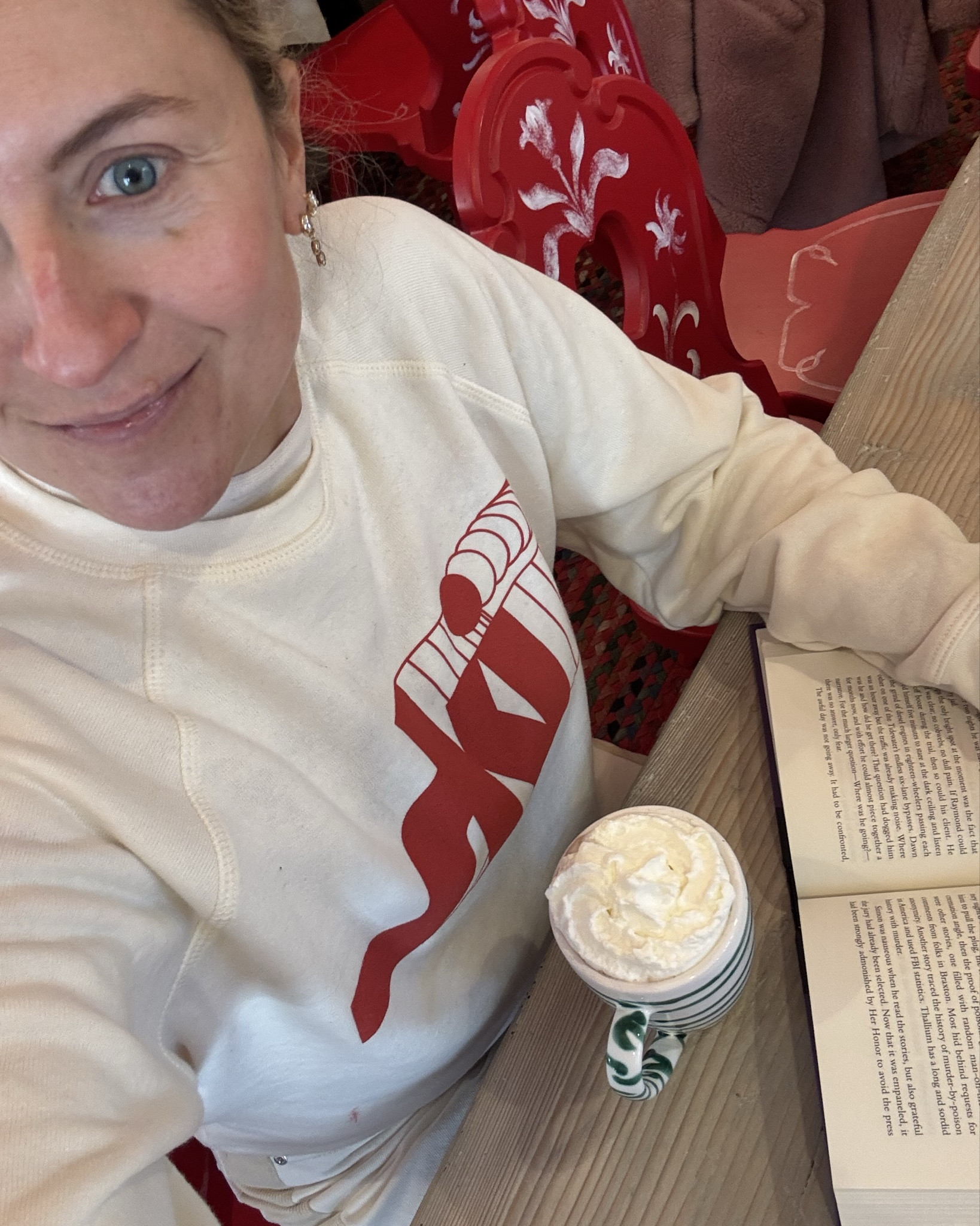 Ski sweatshirt on repeat.  Soooooo cozy and chic.  Oldest wearing it also.  Love it with these new cream denim.  Lots of time spent in the Vail Gorsuch espresso bar ☕️🥐 Apre ski outfit 

#LTKSeasonal #LTKOver40 #LTKTravel