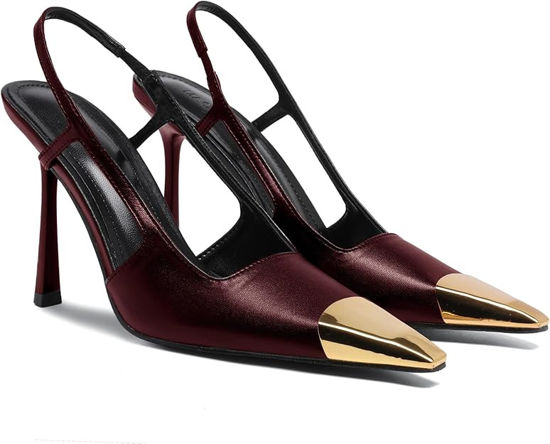 Black Slingback High Heels for Women Metal Pointed Toe Stiletto Heels Closed Toe Pumps Patent Lea... | Amazon (US)
