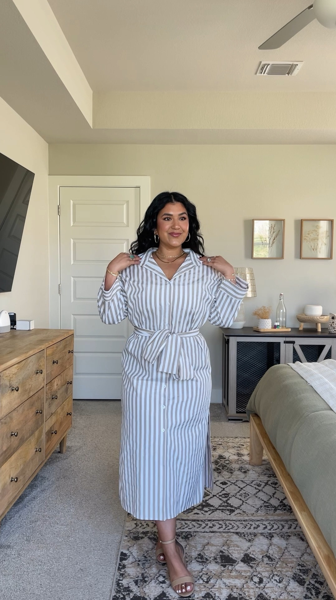 I’m 5’1”, size 10-12 (more often a 12)⁣
⁣
DRESS: size large in shade brown, true to size! Comes in 5 other colors.⁣
⁣
SHOES: true to size⁣
⁣
**also linking my favorite Amazon cami bra. I would recommend sizing up one, as it does shrink a little in the wash. I’m a 36D and wear the 38!⁣