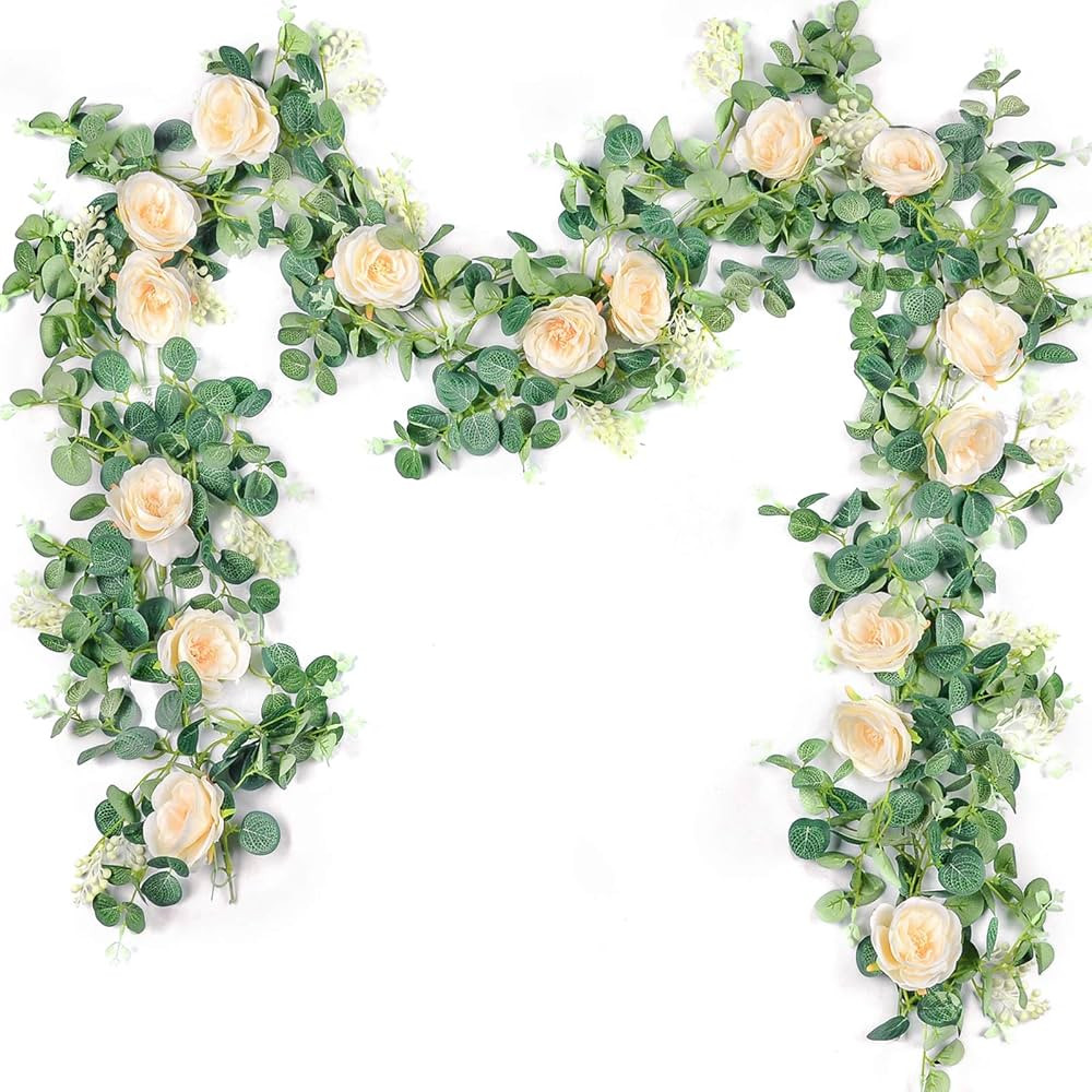 Der Rose 2 Pack 13Ft Artificial Eucalyptus Flower Garland with Fake Silk Rose Flower Vine Seeded ... | Amazon (US)