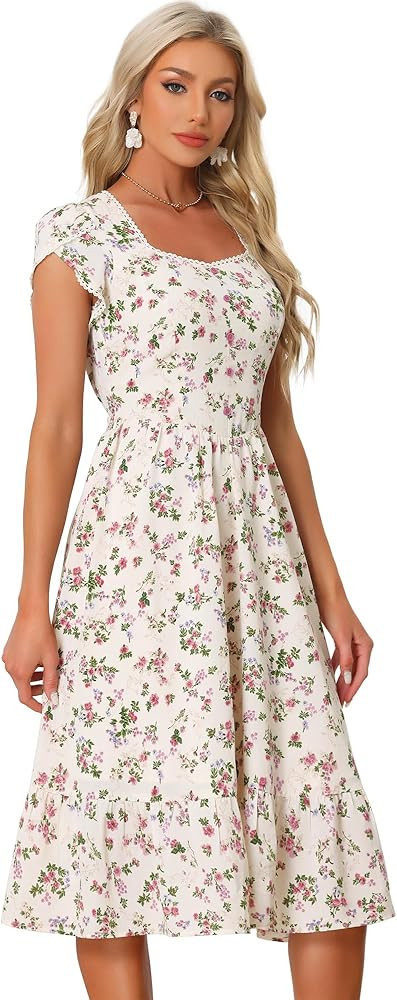 Allegra K Summer Dresses for Women's 2024 Square Collar Short Sleeve Floral Boho Beach Casual Mid... | Amazon (US)