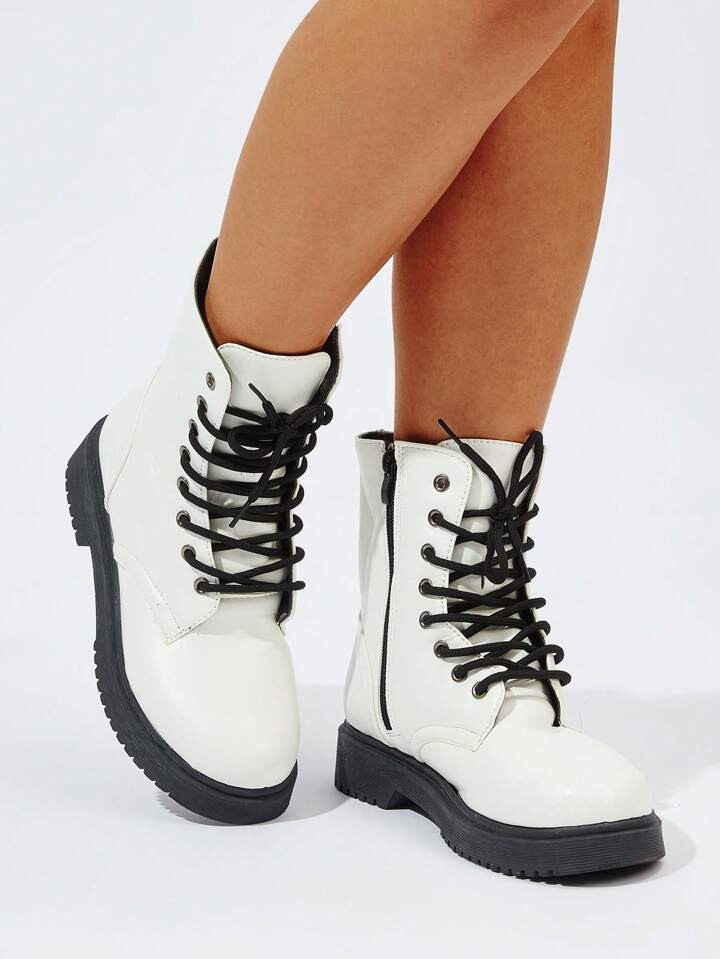 Ladies' Fashionable Pu Leather Boots With Lace-up And Side Zipper, Black/white Color | SHEIN