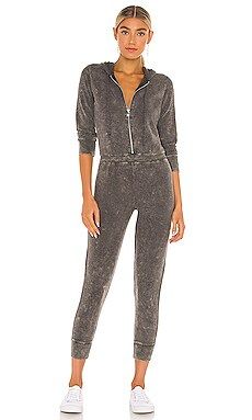 Chaser Bliss Knit Long Sleeve Hooded Zip Up Onesie Jumpsuit in Mineral Wash from Revolve.com | Revolve Clothing (Global)