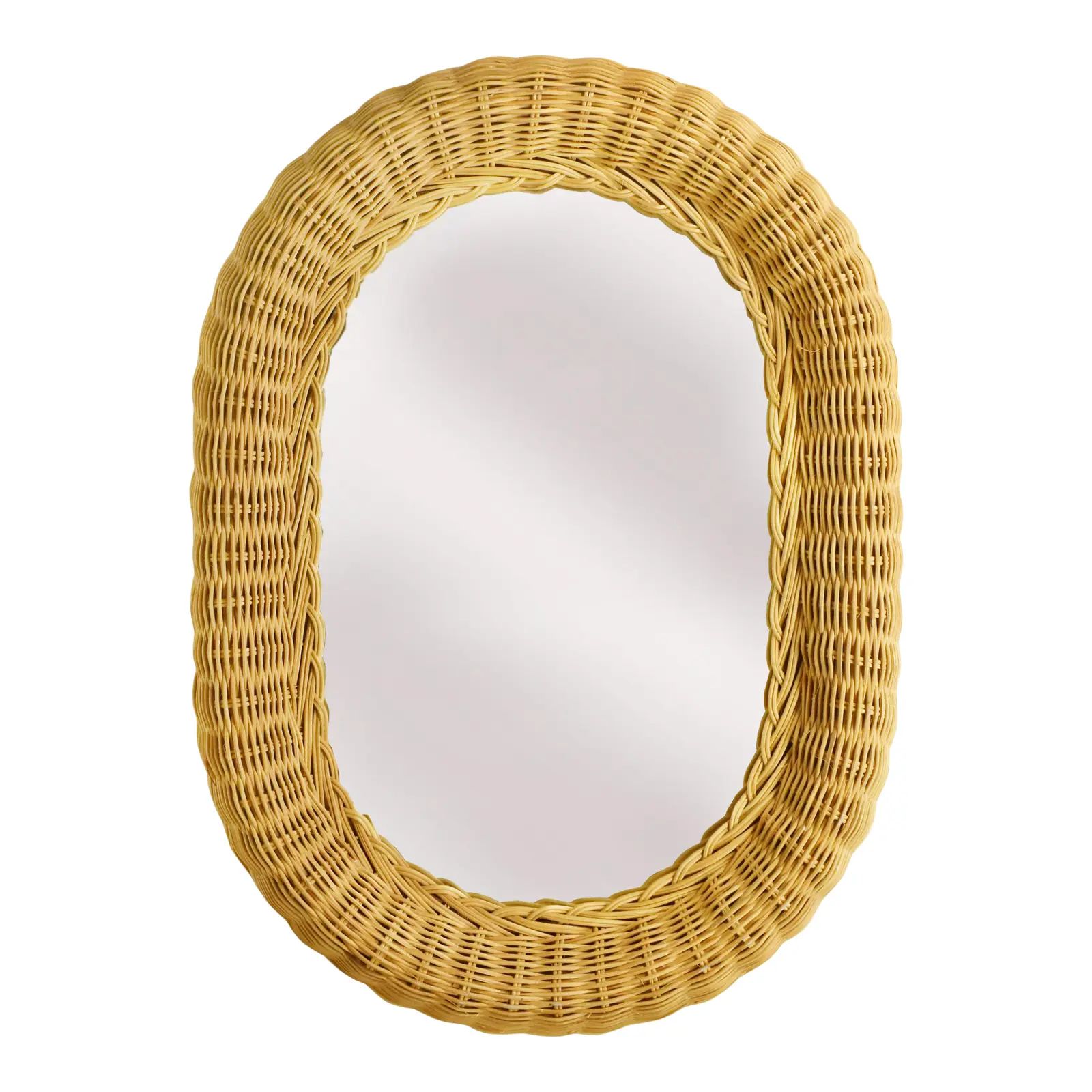 Vintage Late 20th Century Natural Woven Wicker Oval Shape Mirror | Chairish