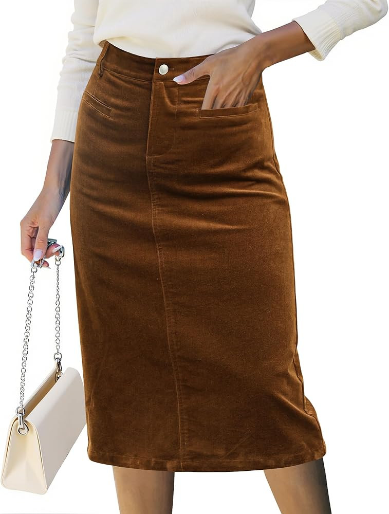 Corduroy Skirts for Women Midi Length High Waisted Trendy Fall Elastic Waist Casual Stretchy Welt... | Amazon (US)