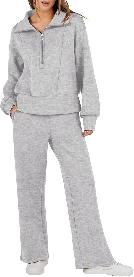 ANRABESS Womens Two Piece Outfits 2023 Fall Sweatsuit Set Half Zip Cropped Sweatshirt Wide Leg Sw... | Amazon (US)