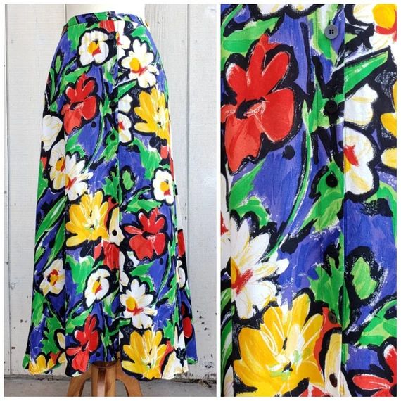 Vintage Carole Little Designer Colorful Floral Print High Waist Fit & Flare Maxi Skirt Size US 4 | Etsy (US)
