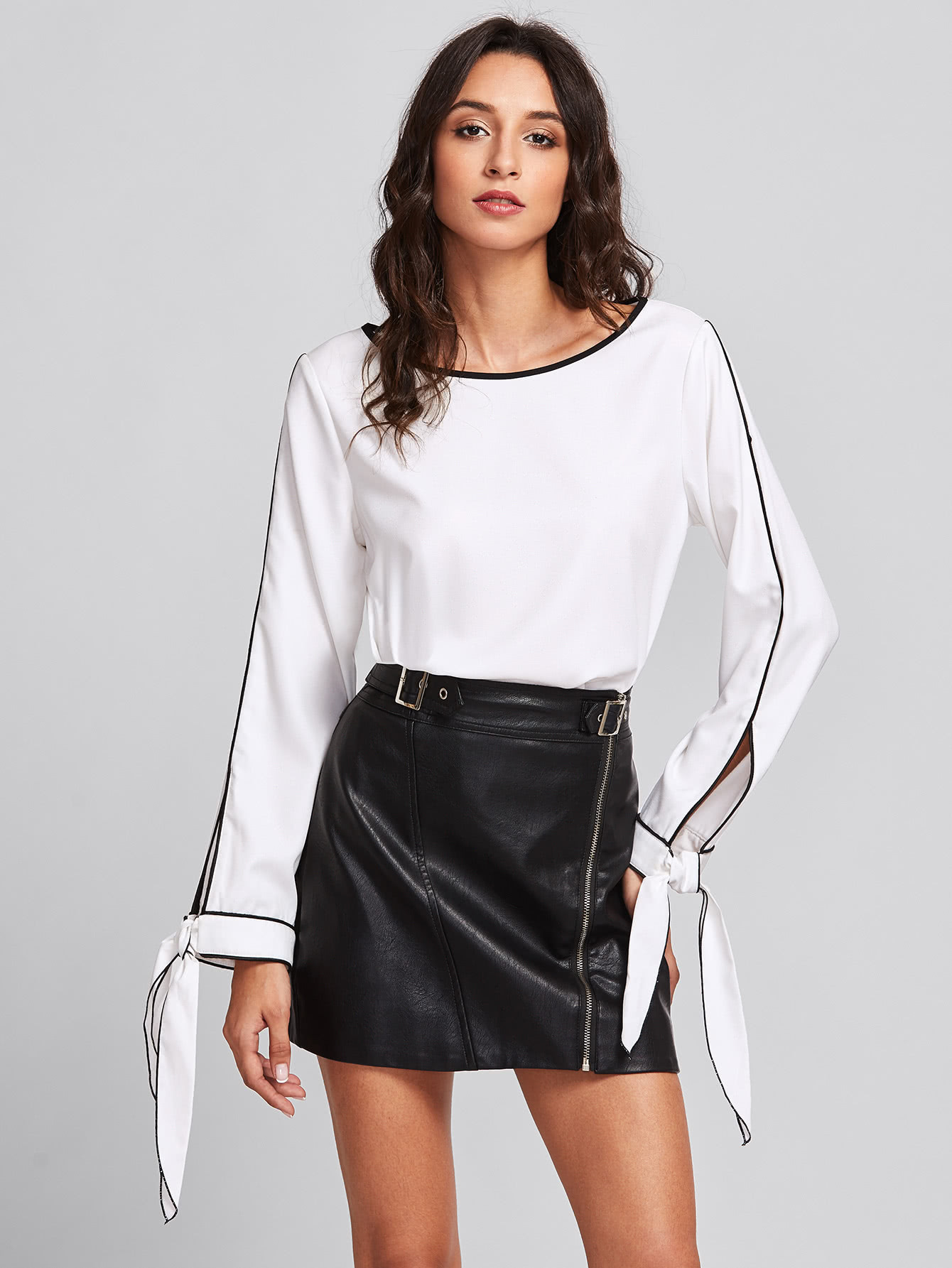 Slit Tied Cuff Tipping Detail Blouse | SHEIN