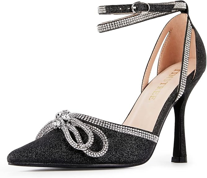 TINSTREE Women's Rhinestone Ankle Strap Heeled Sandals Pointy Toe Stilettos High Heels Pumps Lace... | Amazon (US)