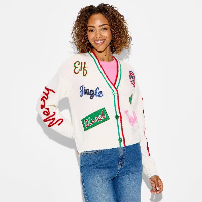 Women's Holiday Patchwork Festive Graphic Cardigan - Cream | Target