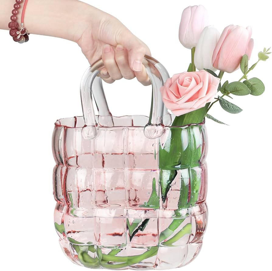 Unique Pink Purse Vase for Flowers,11'' Handmade Thicken Bubbled Glass Bag Vases with Gradient Co... | Amazon (US)
