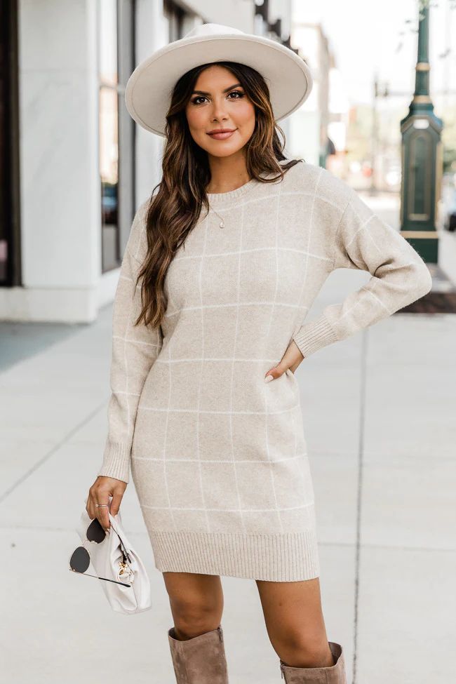 Lucky One Beige Geometric Sweater Dress FINAL SALE | The Pink Lily Boutique
