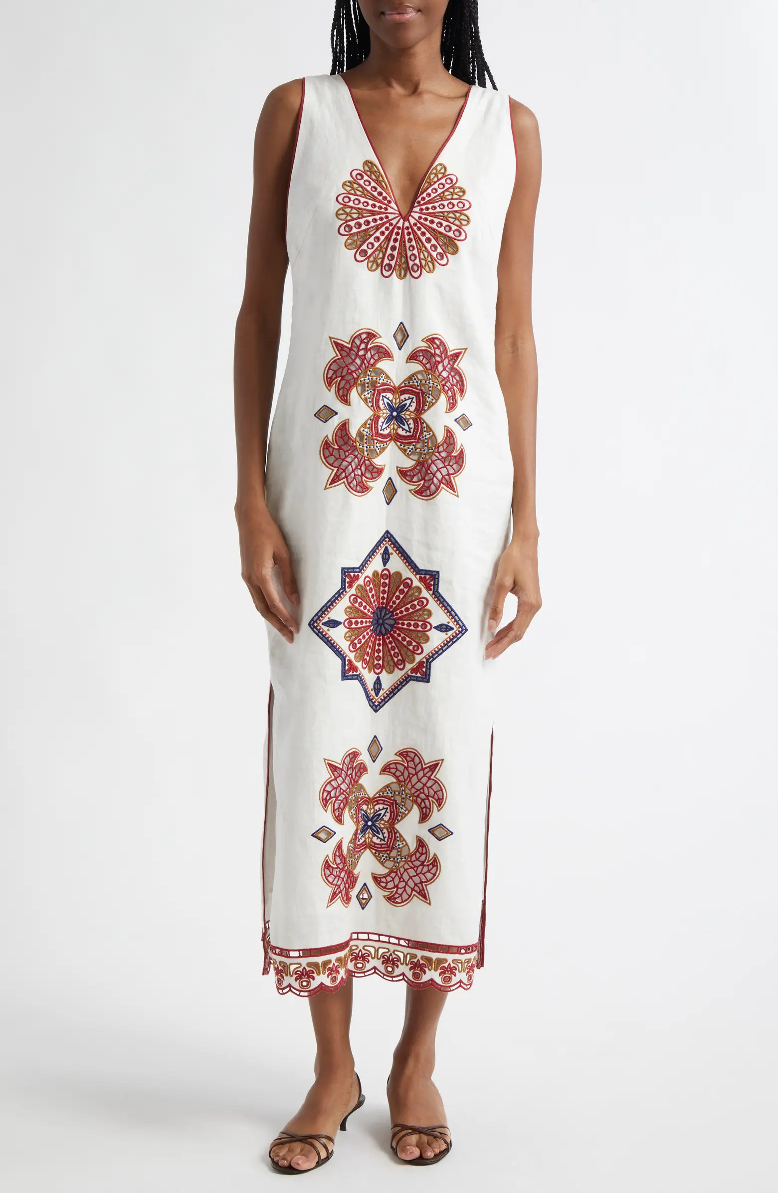 Mary's Tiles Embroidered Detail Linen Dress | Nordstrom