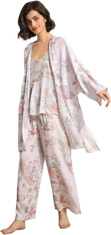 WDIRARA Women's 3 pcs Sleepwear Leaf Print Cami and Pants Pajama Set with Robe | Amazon (US)