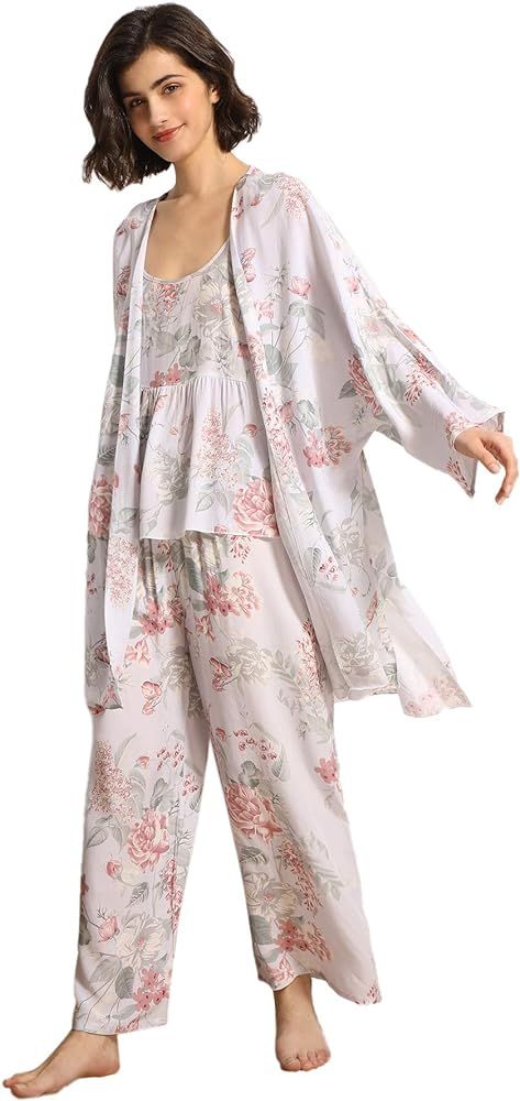 WDIRARA Women's 3 pcs Sleepwear Leaf Print Cami and Pants Pajama Set with Robe | Amazon (US)