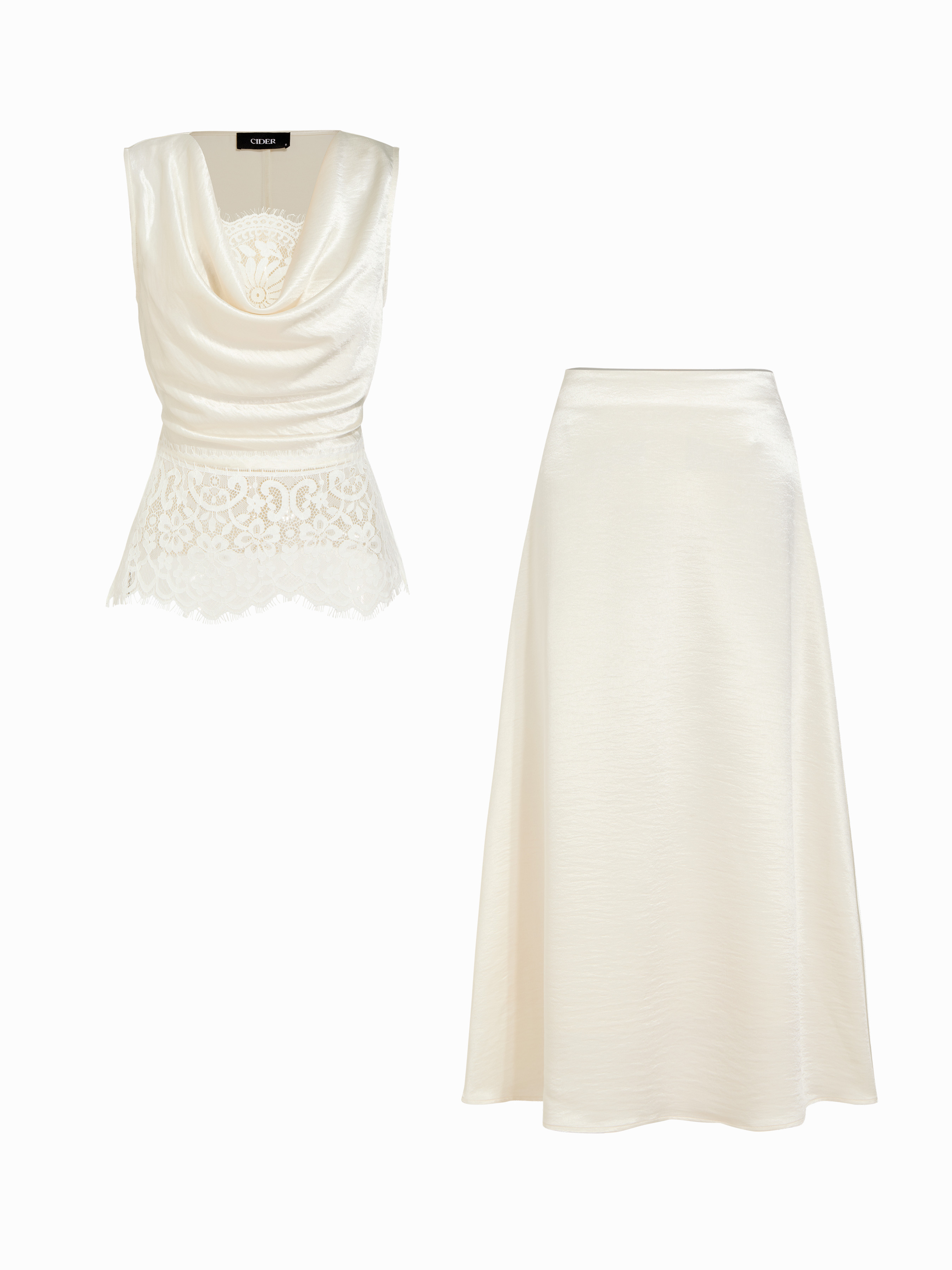 Satin Satin Cowl Neck Lace Panel Top & Mid Rise Flared Maxi Skirt Set For Date | Cider