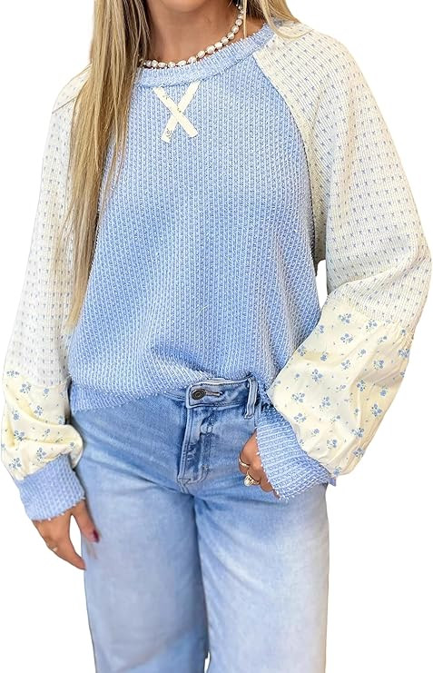 Color Block Shirts for Women Floral Patchwork Textured Knit Long Sleeve Tops | Amazon (US)