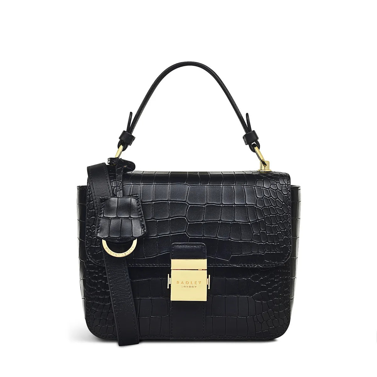 Radley London Womens Leather Hanley Close - Faux Croc Medium Flapover Grab - Black Medium | Radley London US