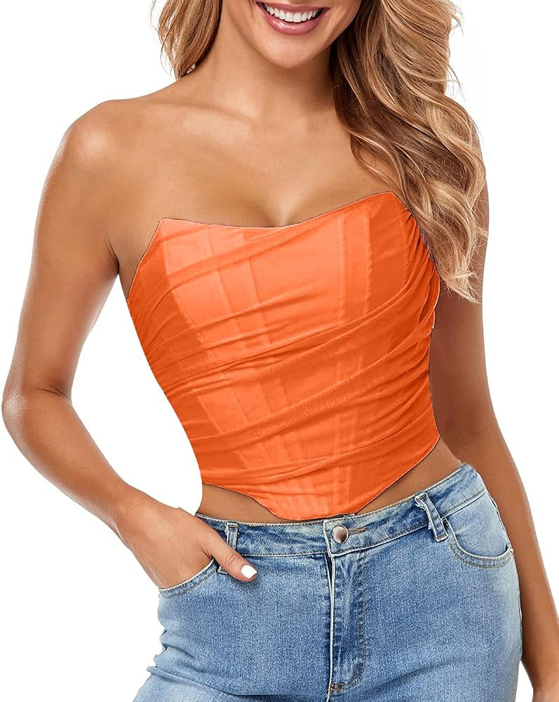 Arjungo Women's Strapless Boned Mesh Overbust Bustier Corset Zip Up Back Bodyshaper Crop Top | Amazon (US)