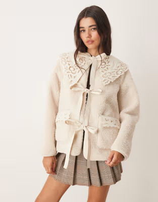 Miss Selfridge contrast collar borg tie detail jacket in cream | ASOS (Global)