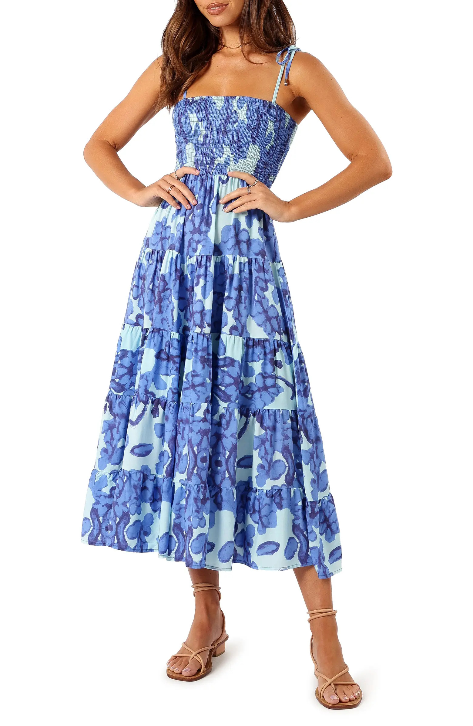 Amarie Floral Tie Strap Smocked Midi Sundress | Nordstrom