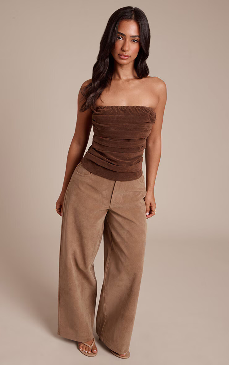 Petite Beige Suede Barrel Pants | PrettyLittleThing US