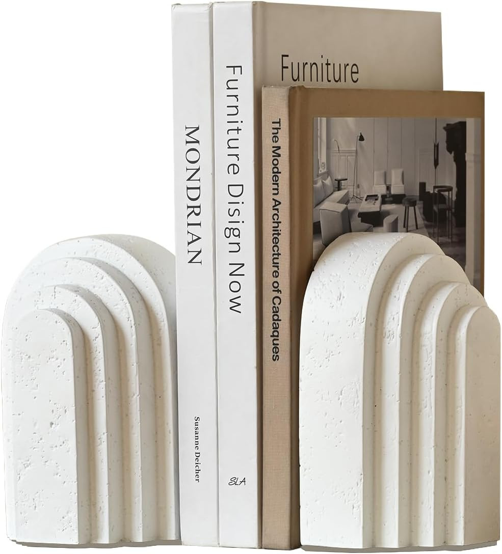 Decorative Bookends for Shelves, Set of 2 Book Ends for Heavy Books, Layered Arch Design White Bookend | Amazon (US)