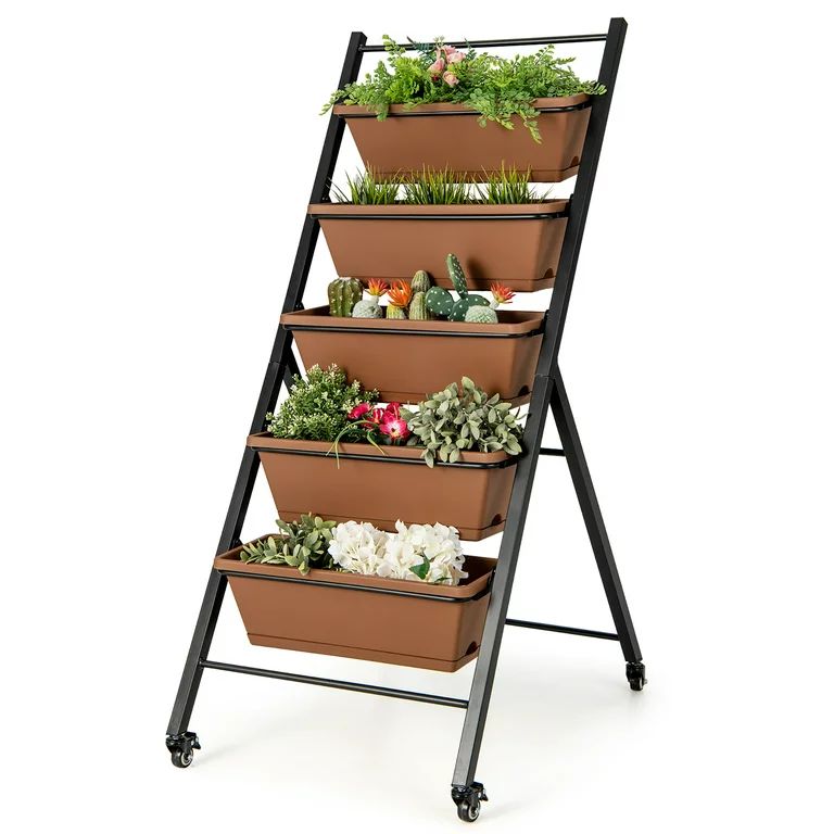 Costway 5-Tier Vertical Raised Garden Bed Elevated Planter with Wheels & Container Boxes Brown | Walmart (US)