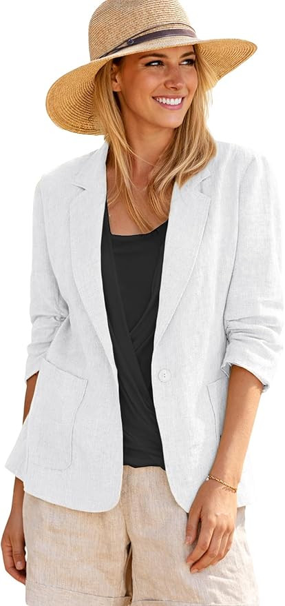 2026 Summer Women’s Linen Blazer Jacket - Lightweight Breathable 3/4 Stretchy Ruched Sleeve Cas... | Amazon (US)