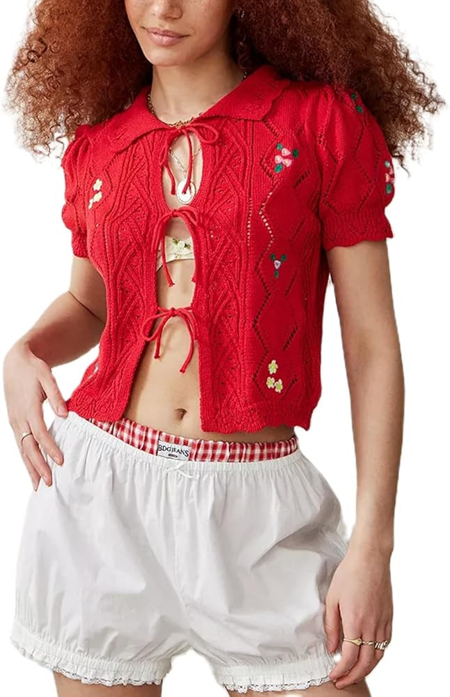 Crochet Tops for Women Knit Y2k Vest Top Hollow Out Tie Front Shirts Puff Sleeve Crop Tops Floral... | Amazon (US)