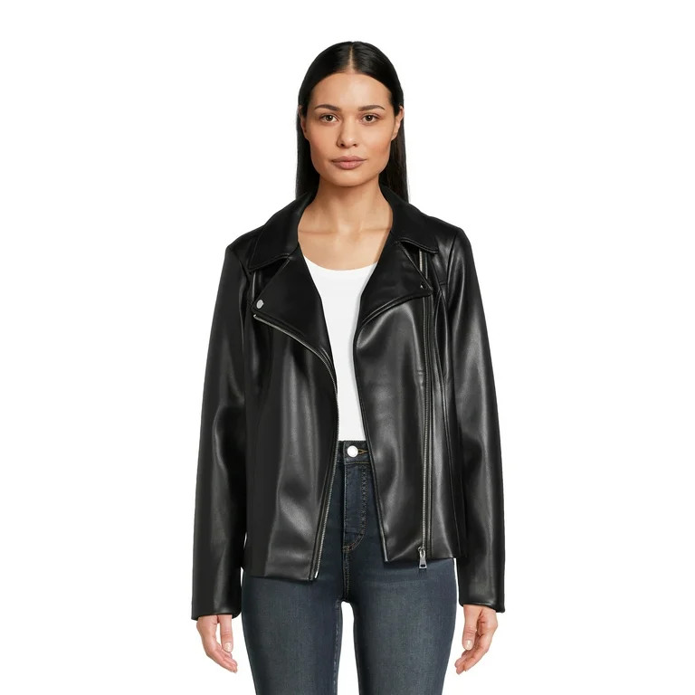 Time and Tru Women's Asymmetrical Faux Leather Jacket - Walmart.com | Walmart (US)