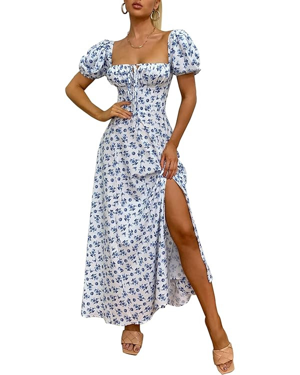 Women's Summer Puff Sleeve Floral Split Maxi Dress Flowy A Line Casual Beach Long Dresses | Amazon (US)