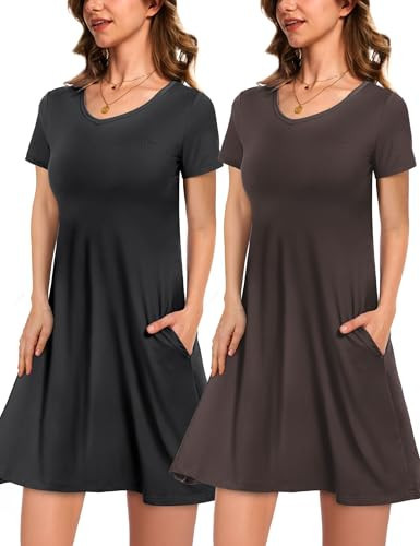 Showitty 2 Pack Women's Casual T-Shirt Dresses with Pockets, V Neck Short Sleeve Loose Summer Swing Tunic Black/Coffee | Amazon (US)