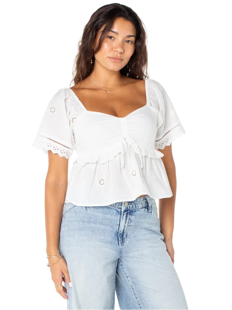 Celebrity Pink Women's Embroidered Eyelet Peplum Top, Sizes XS-XXXL | Walmart (US)