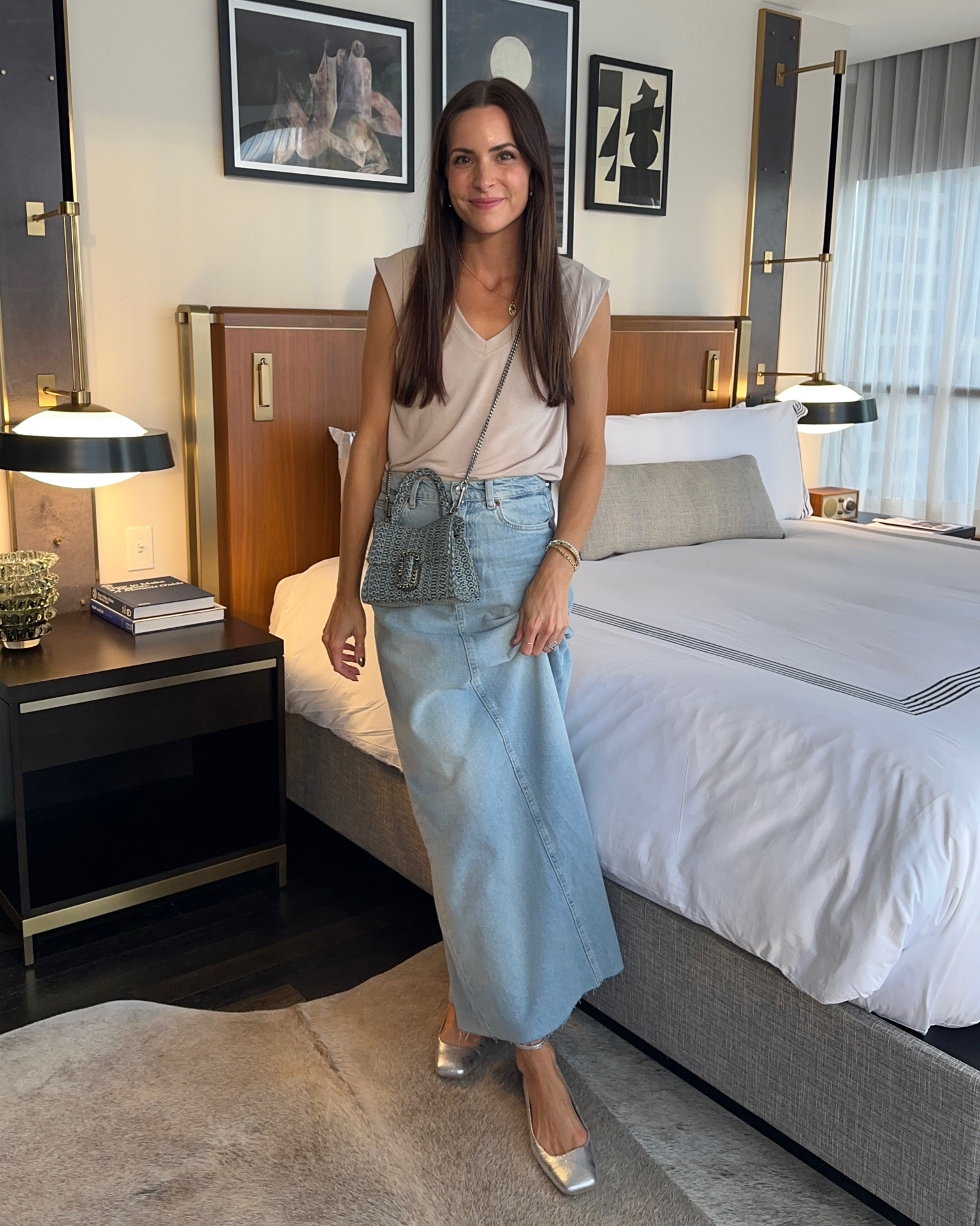 Tee: size down 1 (XS) code TAYLOR10 
Maxi denim skirt: tts (26) size down if between 
Metallic silver ballet flats: tts 

Miranda Frye code STYLED

Denim bag, Casual outfit, smart casual, LTKcon 

#LTKitbag #LTKshoecrush #LTKCon