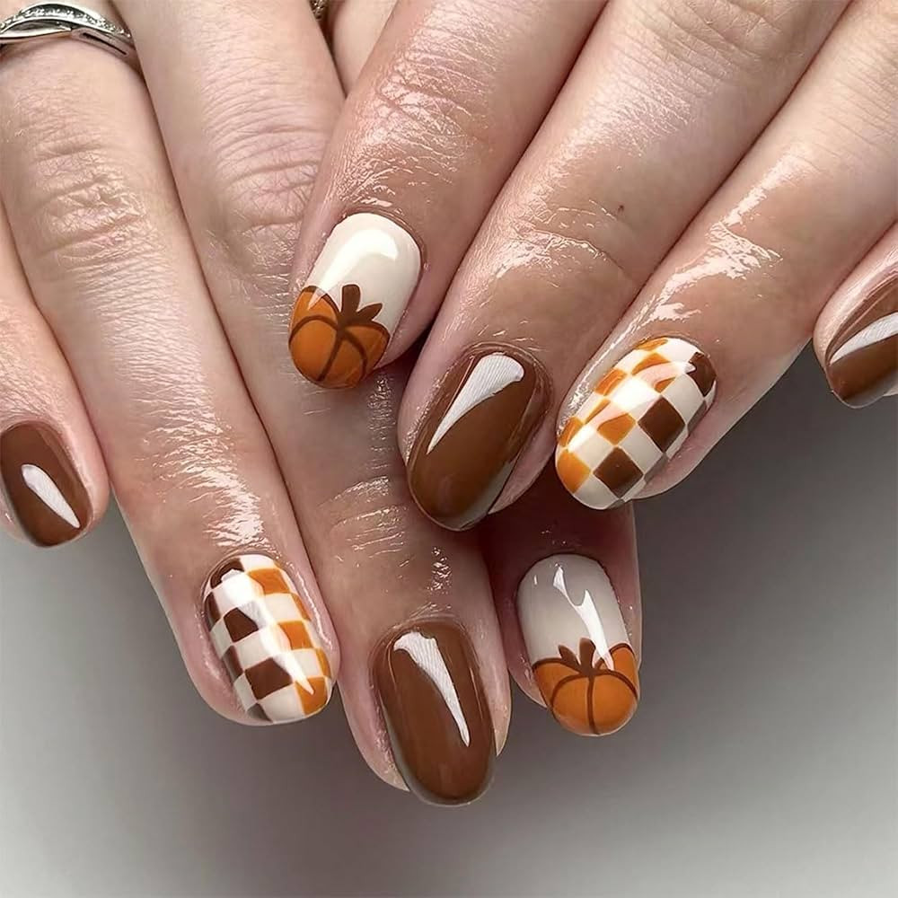 Halloween Press on Nails Short Almond Stick on Nails Pumpkin Glue on Nails Brown Glossy Fake Nail... | Amazon (US)