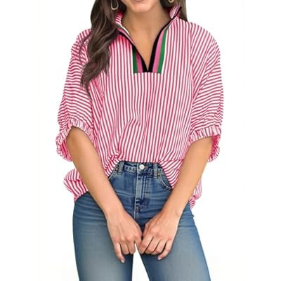 Tankaneo Womens V Neck Striped Blouse Oversized Dolman Sleeve Tops Summ… | Amazon (US)