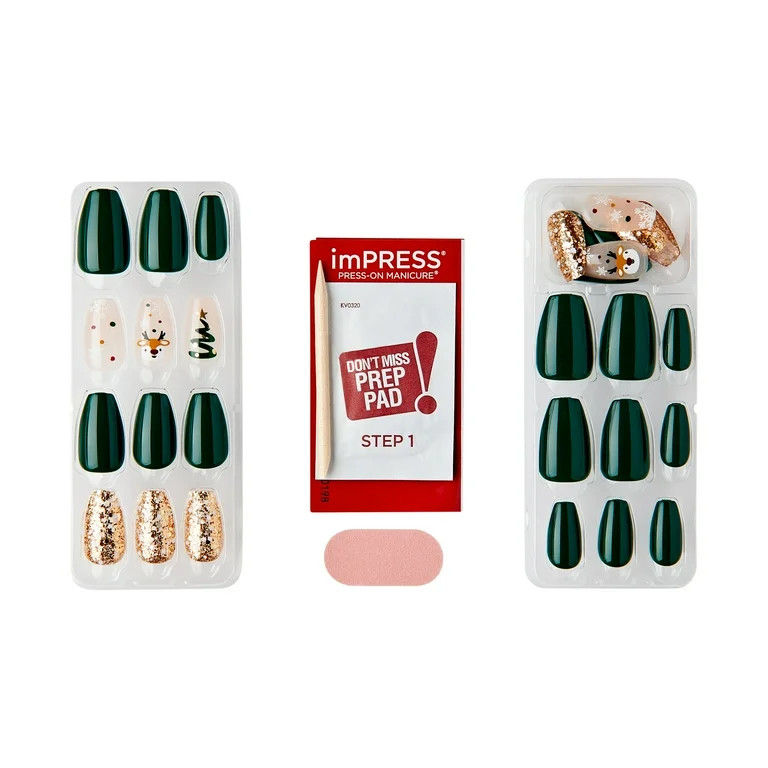 KISS imPRESS Holiday Press on Nails, Design, Dasher, Green, Medium Coffin, 30 Count | Walmart (US)