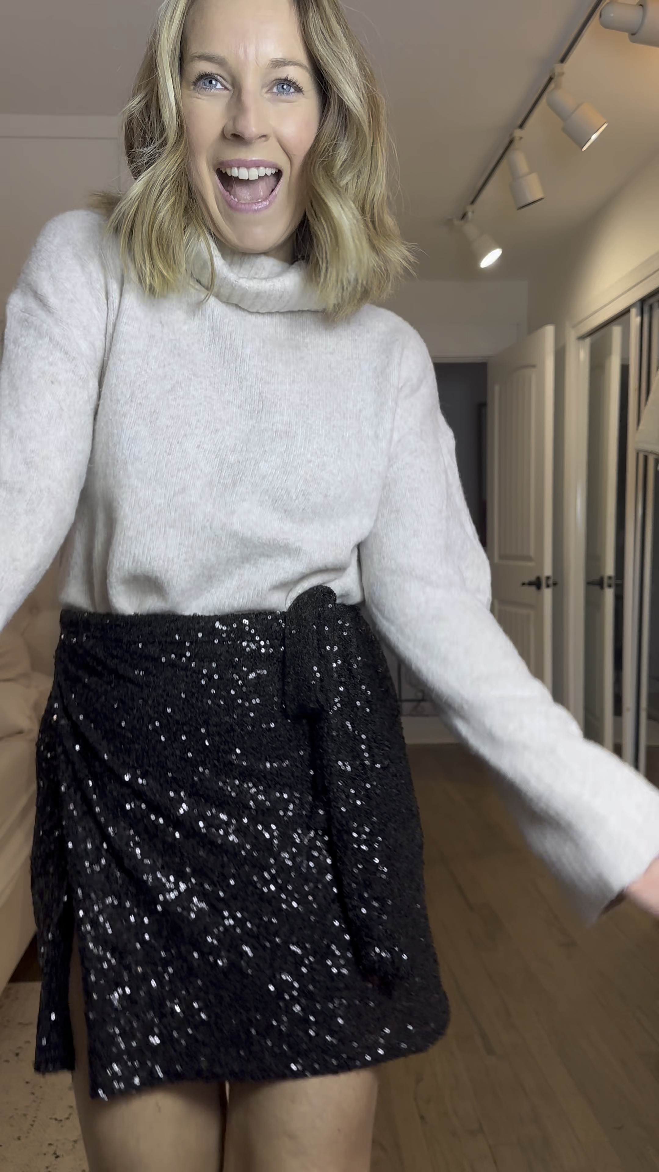 6 outfits ALL ON SALE to get you through the Holiday Season; from last minute shopping, to parties and lounging! 
Small sparkly wrap skirt. Stretchy with NO shorts underneath. Small oatmeal sweater. 
Small sweater crew
29 regular tan trousers
Small ivory cardigan
29 navy wide legs 
Medium sweatsuit
Small metallic sweater
28 regular wide leg black jeans
Medium lace top
Small satin blazer
29 jeans
8s in all the shoes!! 

#LTKCyberWeek #LTKWatchNow #LTKHoliday