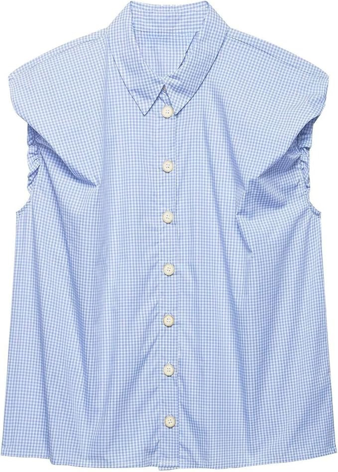 Chevara Women\u2019s Ruffled Shoulder Shirts Cute Sleeveless Point Collar Button Down Textured Su... | Amazon (US)