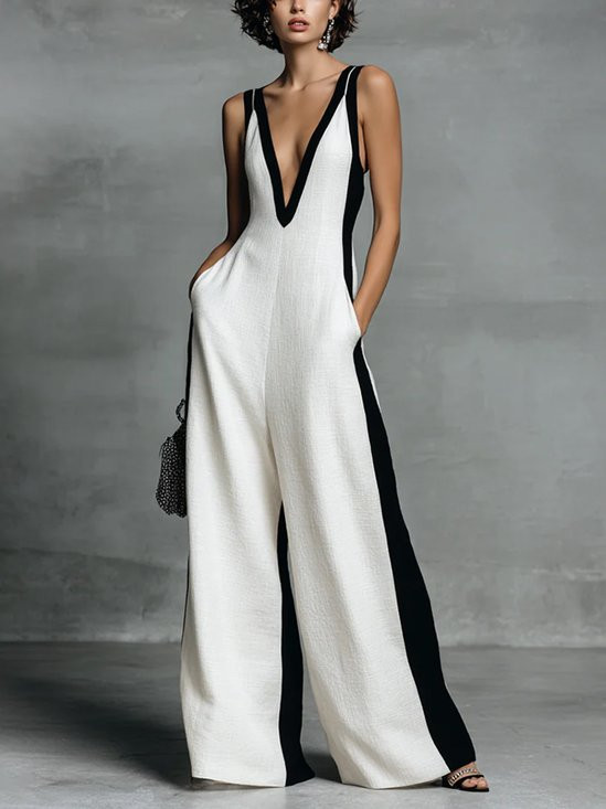 Cotton Casual Split Joint Color Block V Neck Tank Jumpsuit | Stylewe