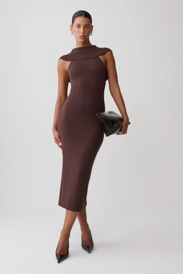 Ellen Ribbed Midi Column Knit Dress / Chocolate | MESHKI | S | MESHKI US