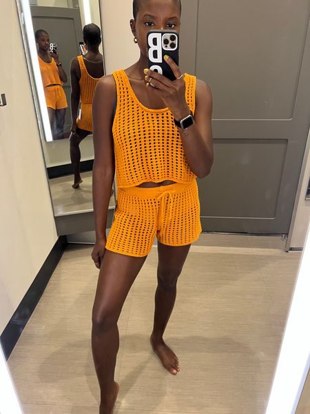 Target try on Vacation outfit! Great swimsuit cover up. This orange open knit sweater tank and shorts looks so expensive. I’m wearing an xsmall in both here but would size up to a small or medium in the shorts for added comfort  

#LTKunder100 #LTKunder50 #LTKtravel