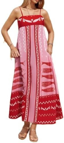 Juakoso Women Boho Graphic Maxi Dress Spaghetti Strap Square Neck Long Flowy Dress Summer Graffit... | Amazon (US)
