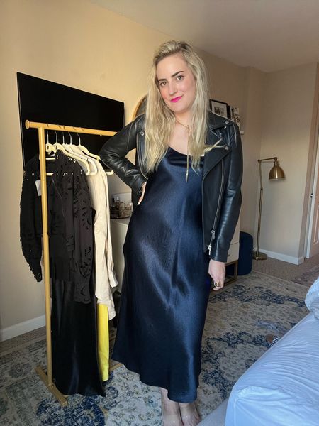 Navy slip dress | Vince dress | leather jacket | fall style | casual style 

#LTKSeasonal
