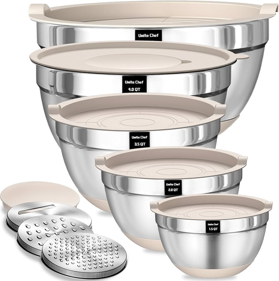 Umite Chef Mixing Bowls with Airtight Lids Set, 8PCS Stainless Steel Khaki Nesting Bowls with Gra... | Amazon (US)