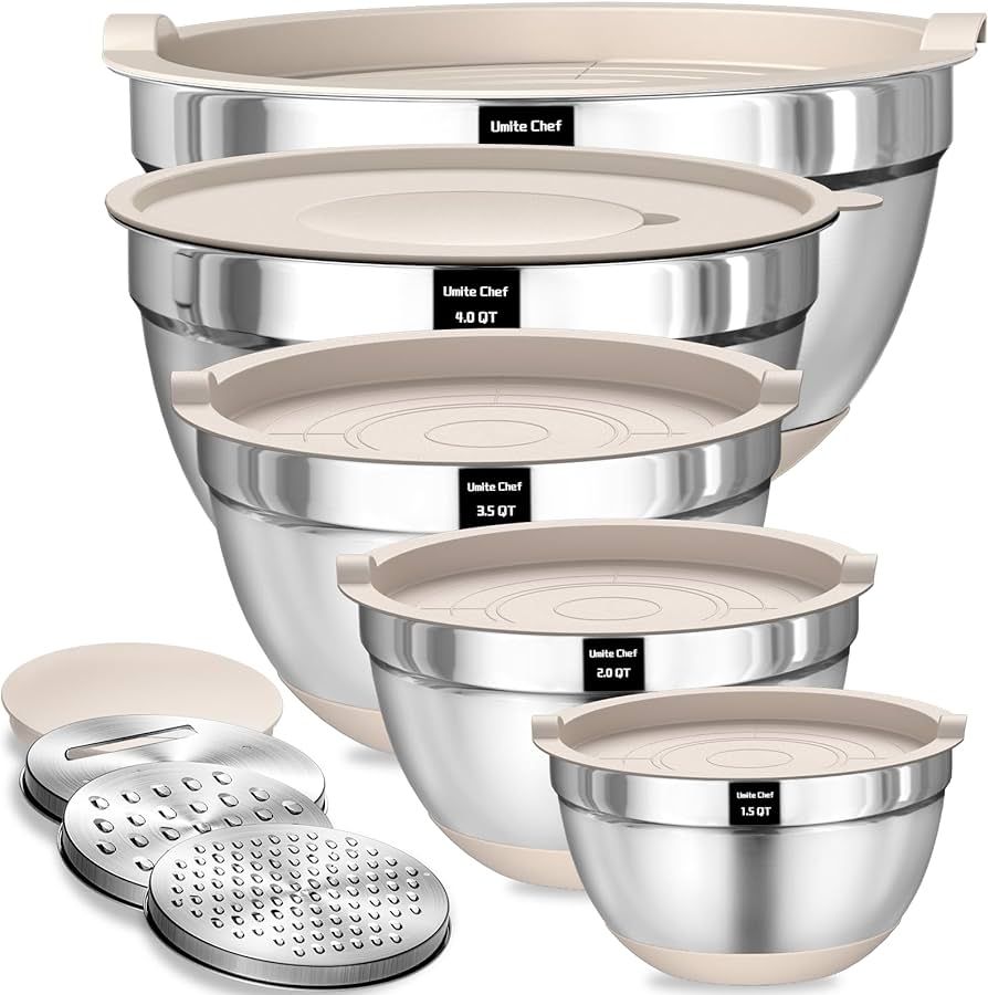 Umite Chef Mixing Bowls with Airtight Lids Set, 8PCS Stainless Steel Khaki Nesting Bowls with Gra... | Amazon (US)