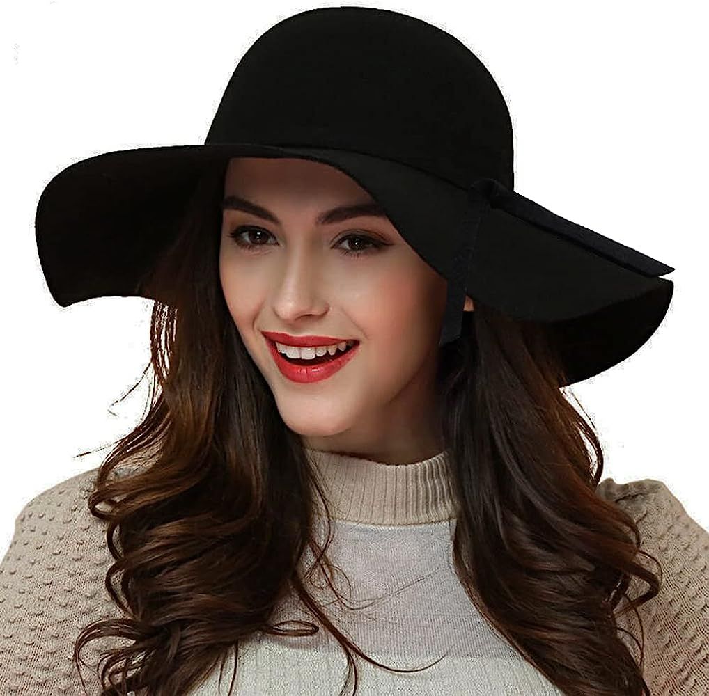 Women's 100% Wool Foldable Wide Brim Retro Fedora Floppy Felt Bowler Hat | Amazon (US)