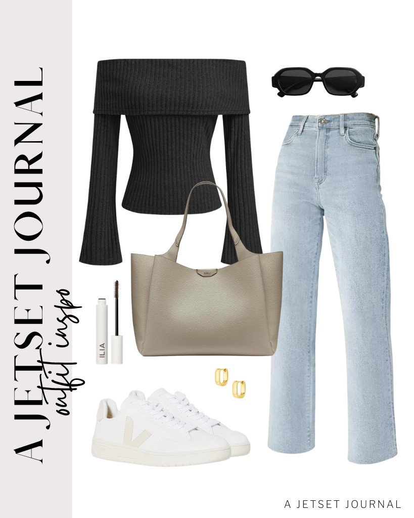 For a classy black off-the-shoulder top from CIDER paired with KDF jeans, let’s use this DKNY Willa tote bag and wear these Veja V-12 sneakers. Finish the look with SOJOS polarized sunglasses. 

 #LTKSeasonal #LTKSaleAlert #LTKTravel